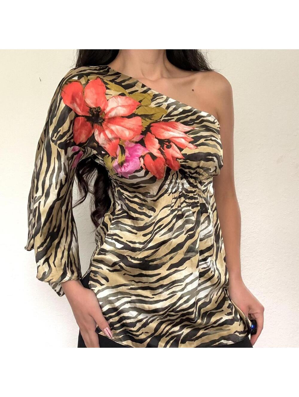 Cache Animal Print Floral Silk One Shoulder Top - Picture 3 of 8